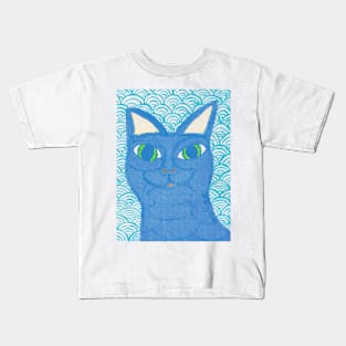 Blue cat with Japanese waves Kids T-Shirt